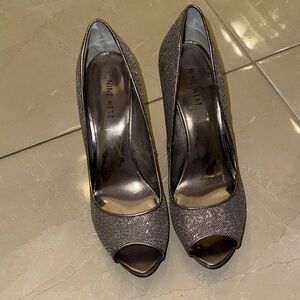 Nine West Glitter Peep Toe Heels - Silver